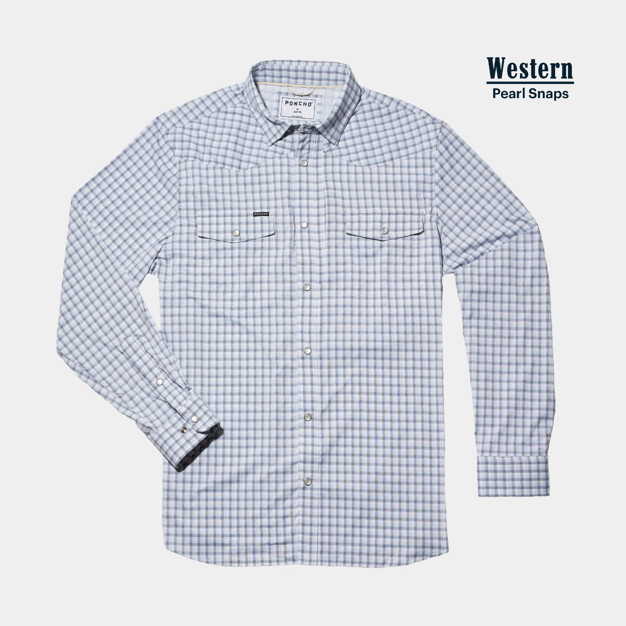 product flat lay photo of blue and navy plaid western fishing shirt