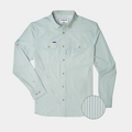 Flat lay of green micro stripe long sleeve fishing shirt