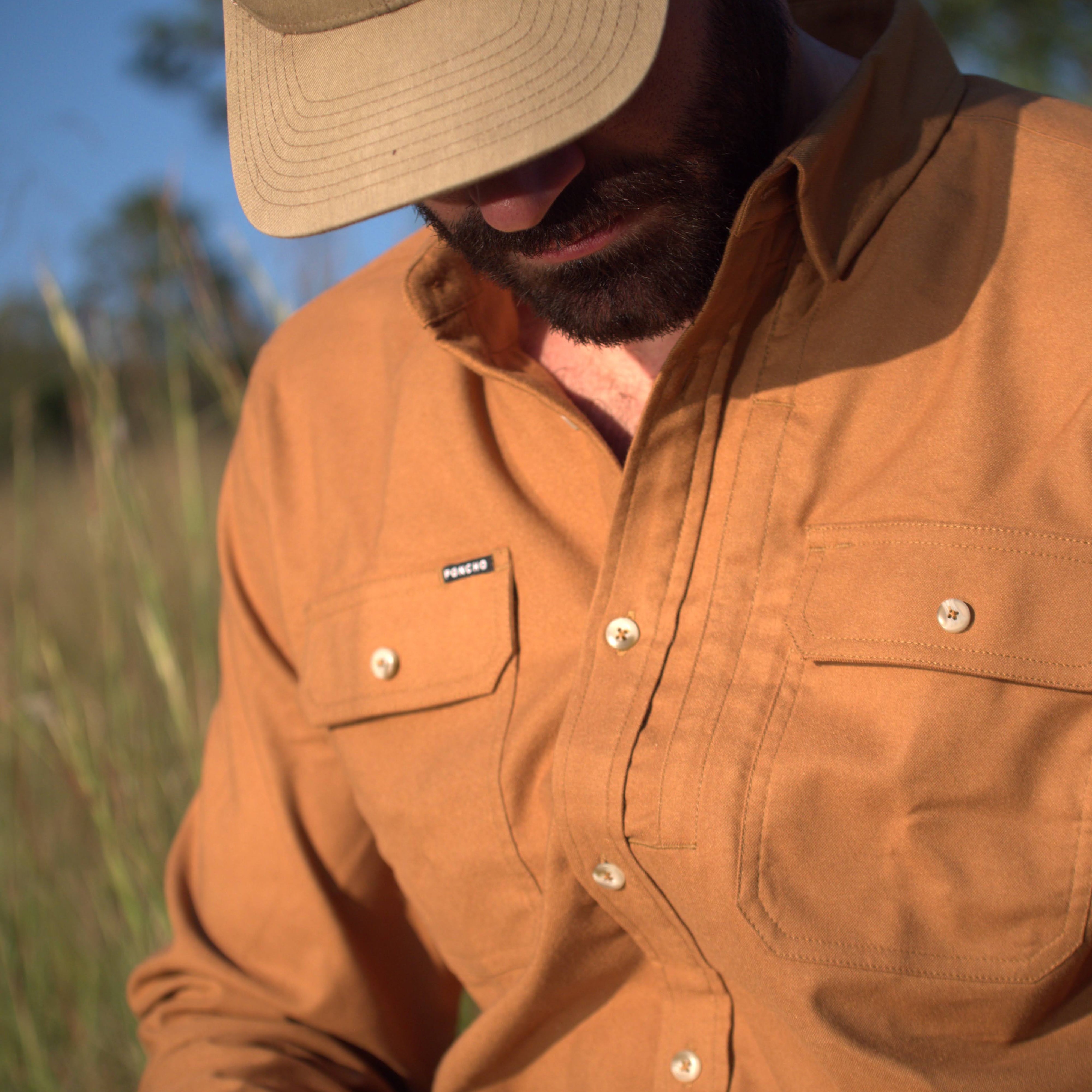 front of tan flannel shirt