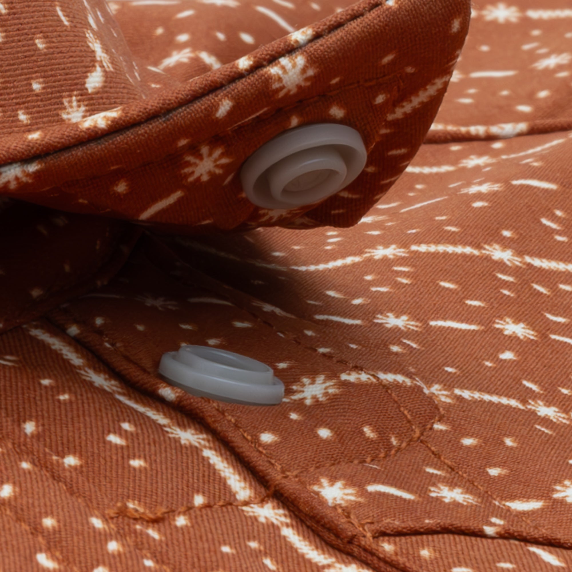 close up photo of snap collar button on red shirt with star and stripes