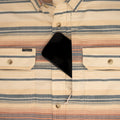 Phone in chest pocket of orange and yellow striped flannel shirt