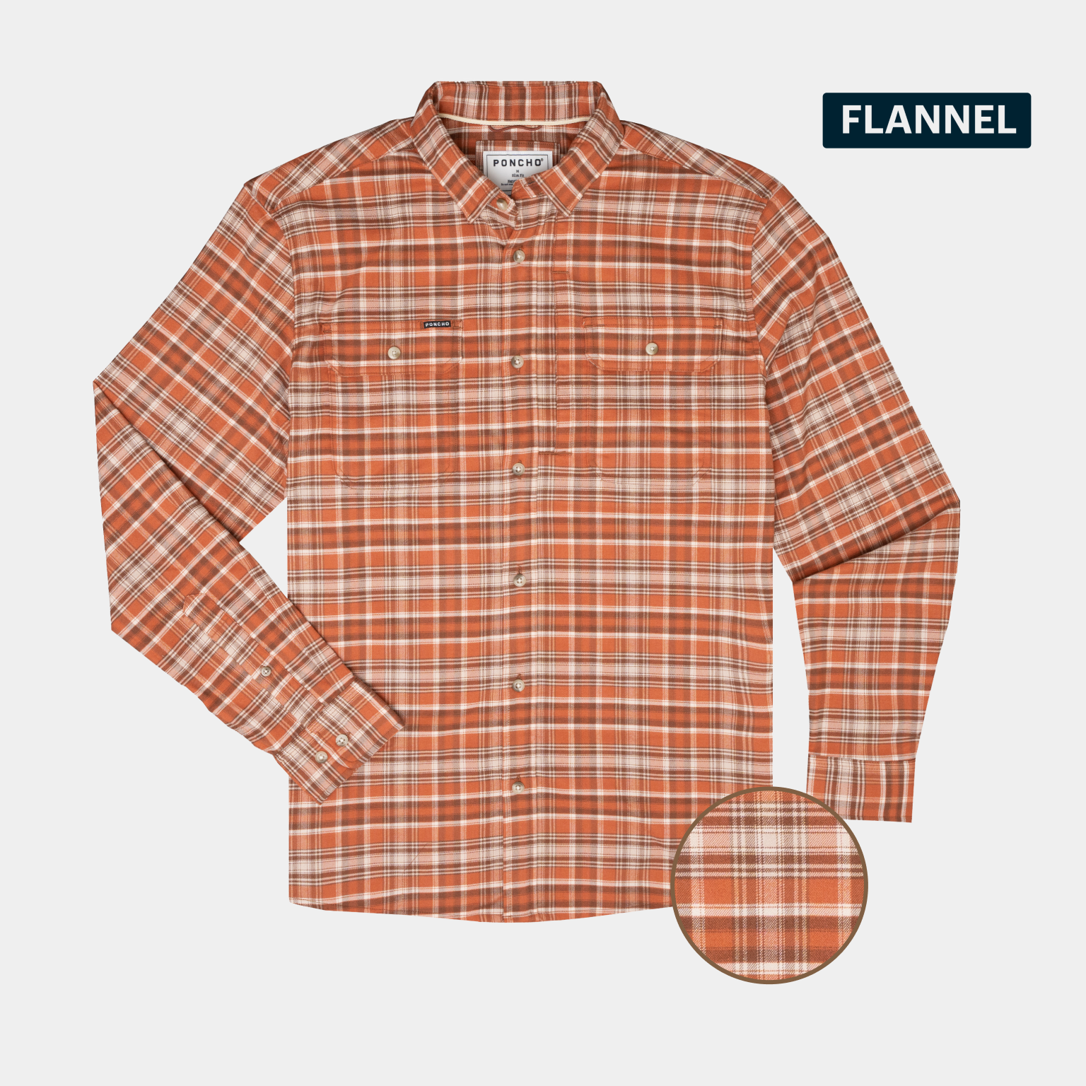 Flat lay photo of orange plaid flannel shirt