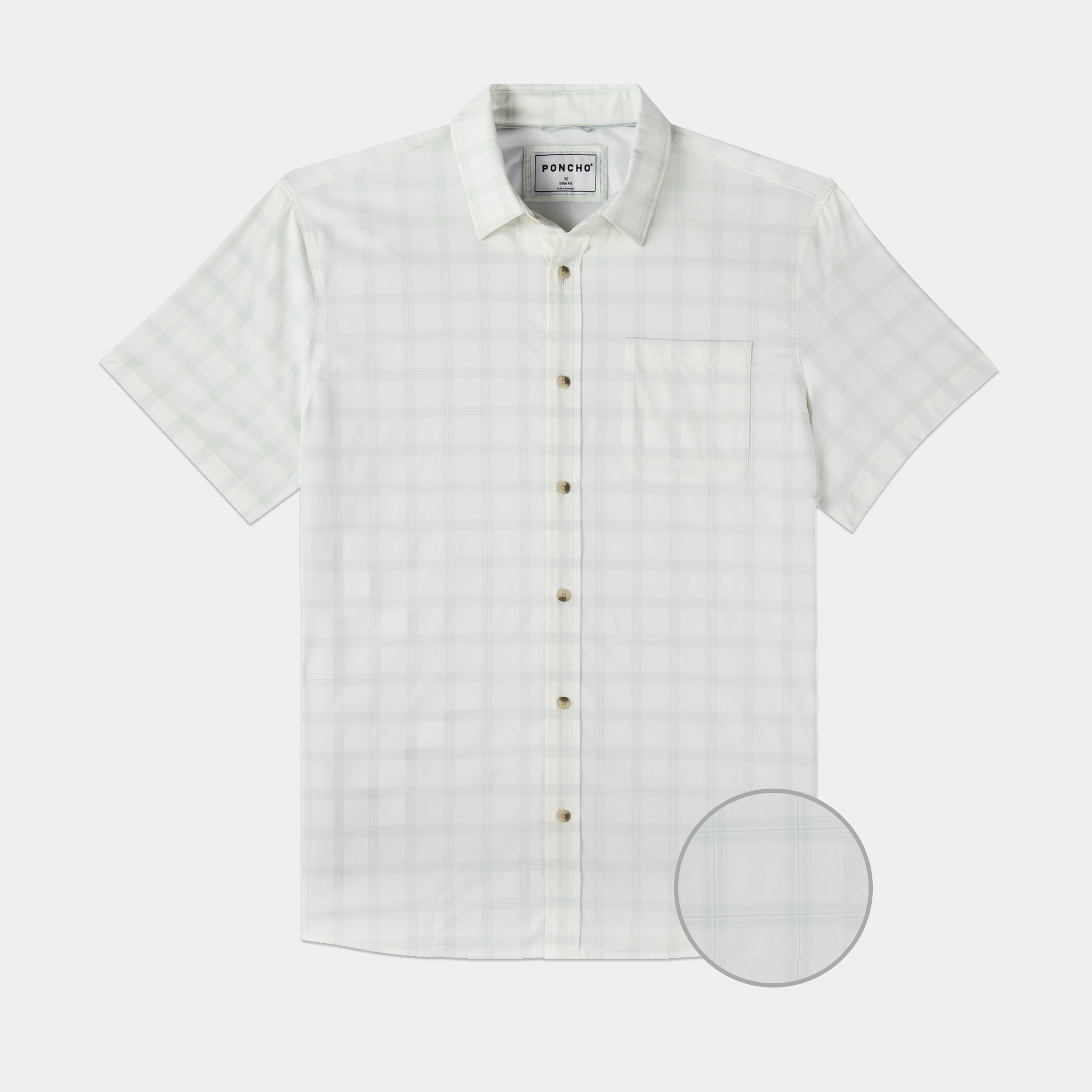 Flat lay of green and white plaid button dow shirt