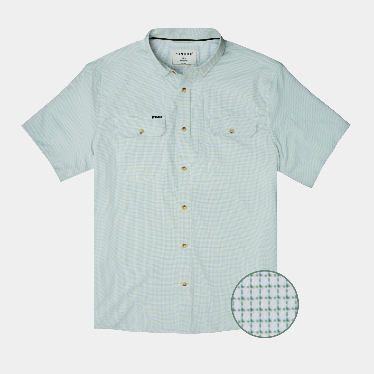 flat lay of green plaid micro check short sleeve fishing shirt