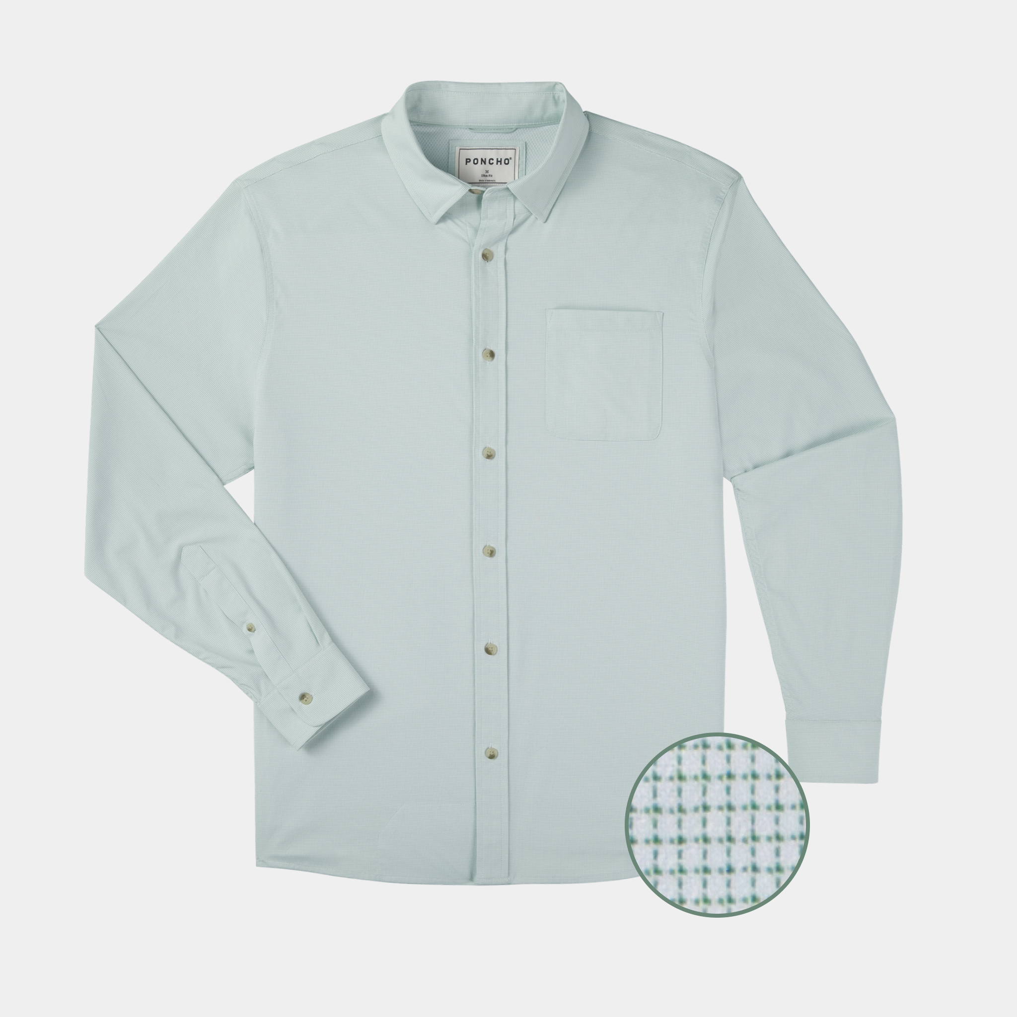 Product feature photo of green microgrid shirt