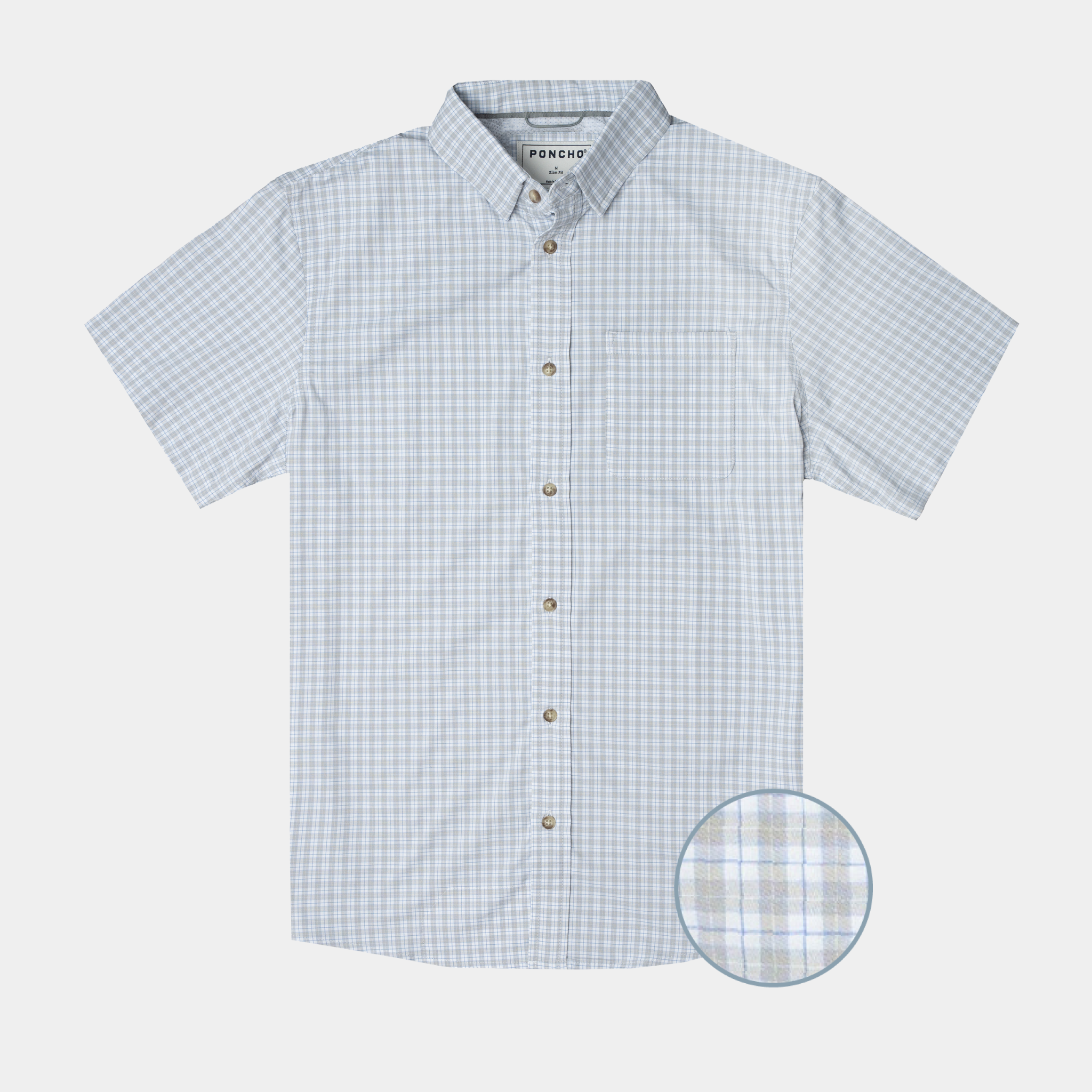 Product feature photo of a short sleeve button down grey and blue shirt