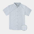 Product feature photo of a short sleeve button down grey and blue shirt