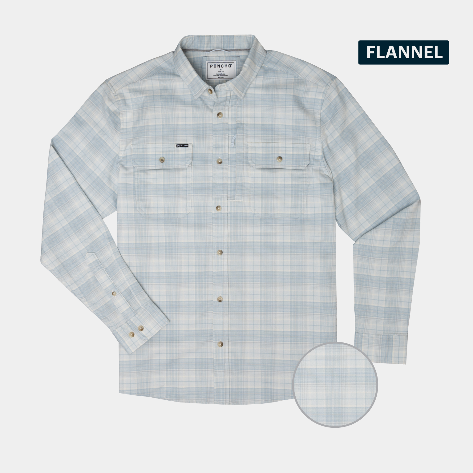 product flat lay photo of blue plaid flannel shirt