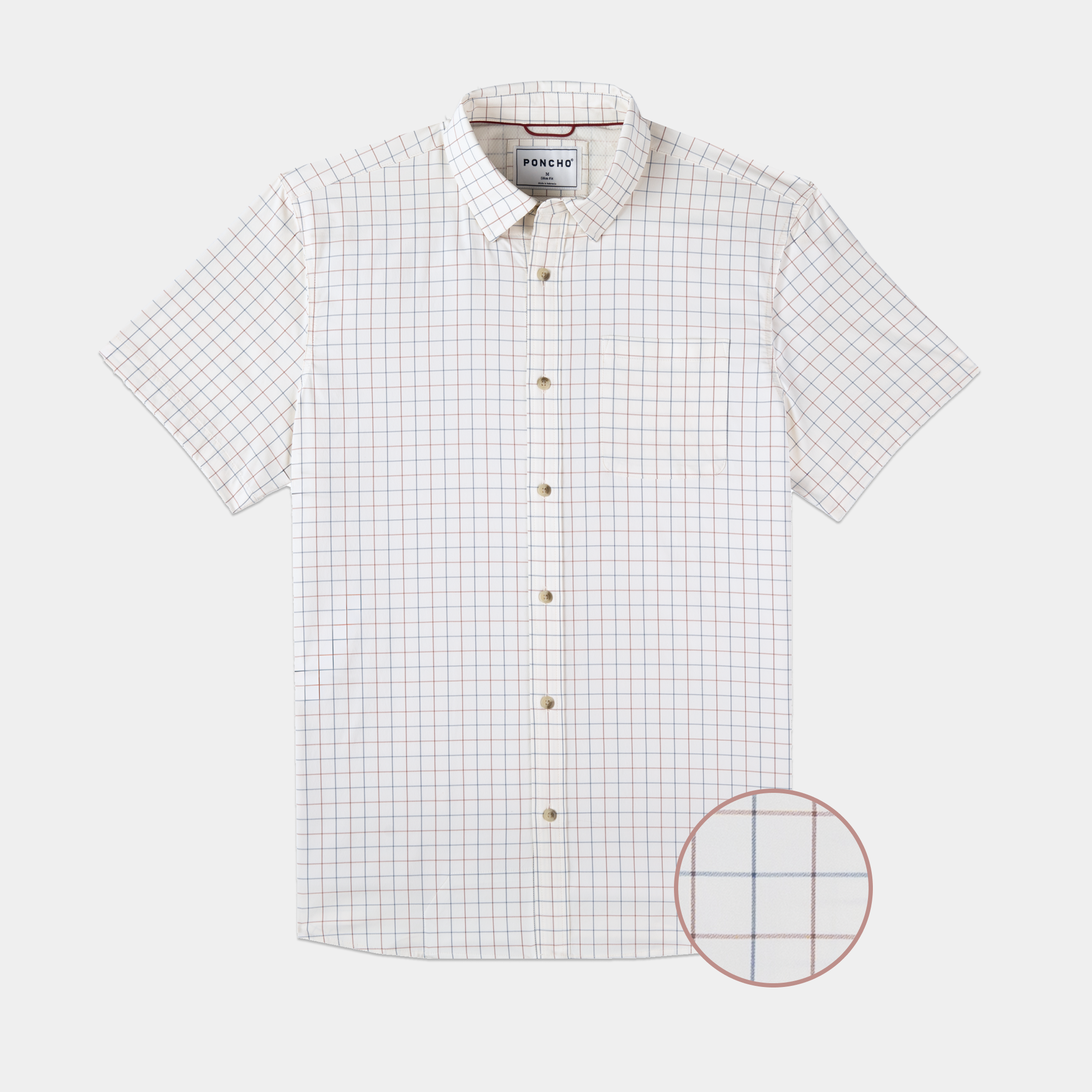 Flat lay of cream, blue, and red button down short sleeve