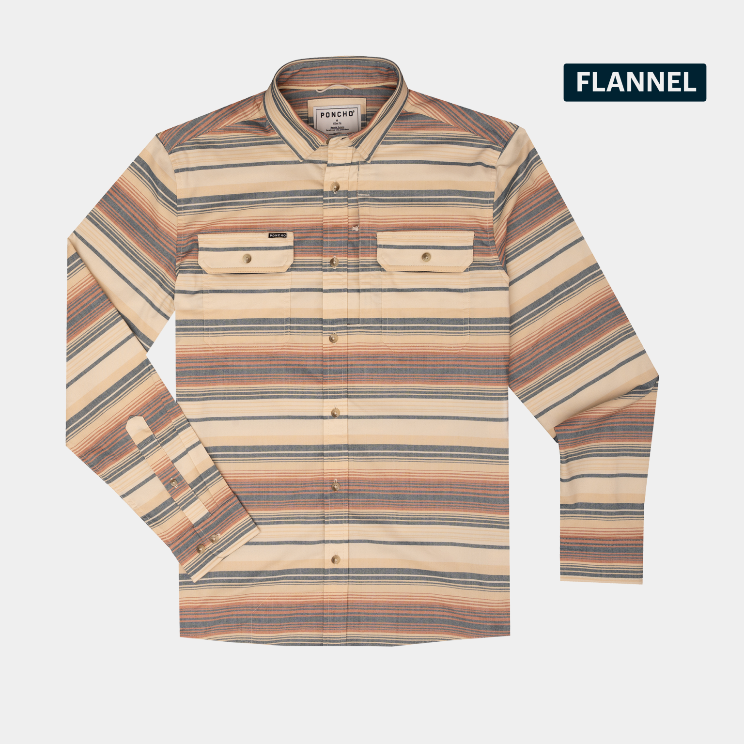 Product Flat lay photo of orange and yellow striped flannel shirt