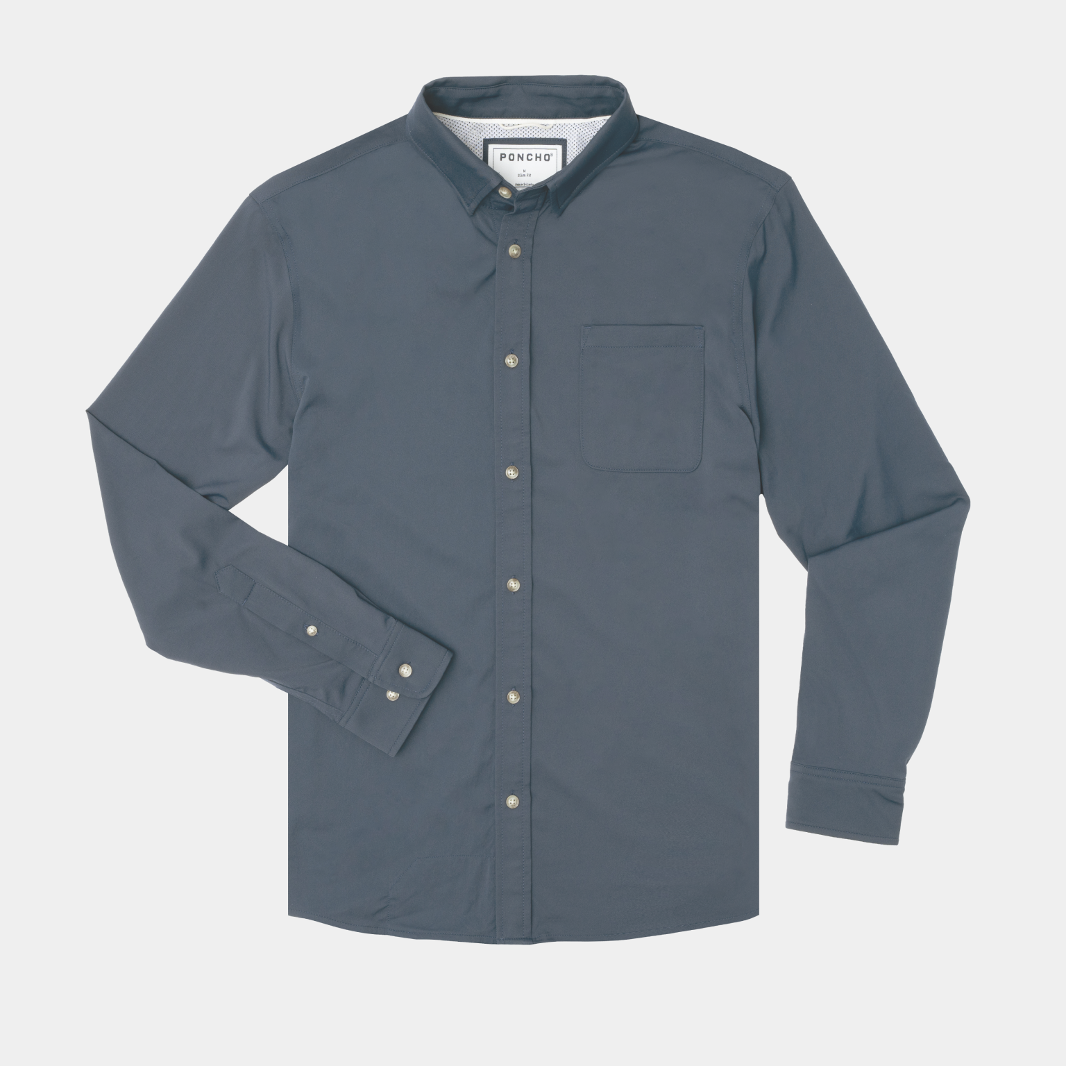 product photo flat lay of long sleeve slate blue button down