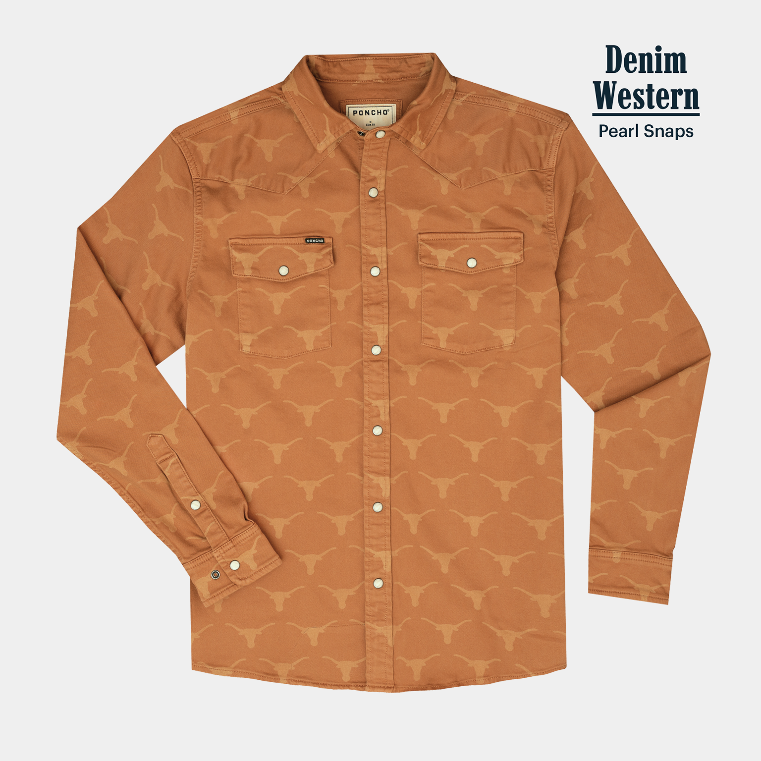 Product photo of orange longhorn western denim shirt