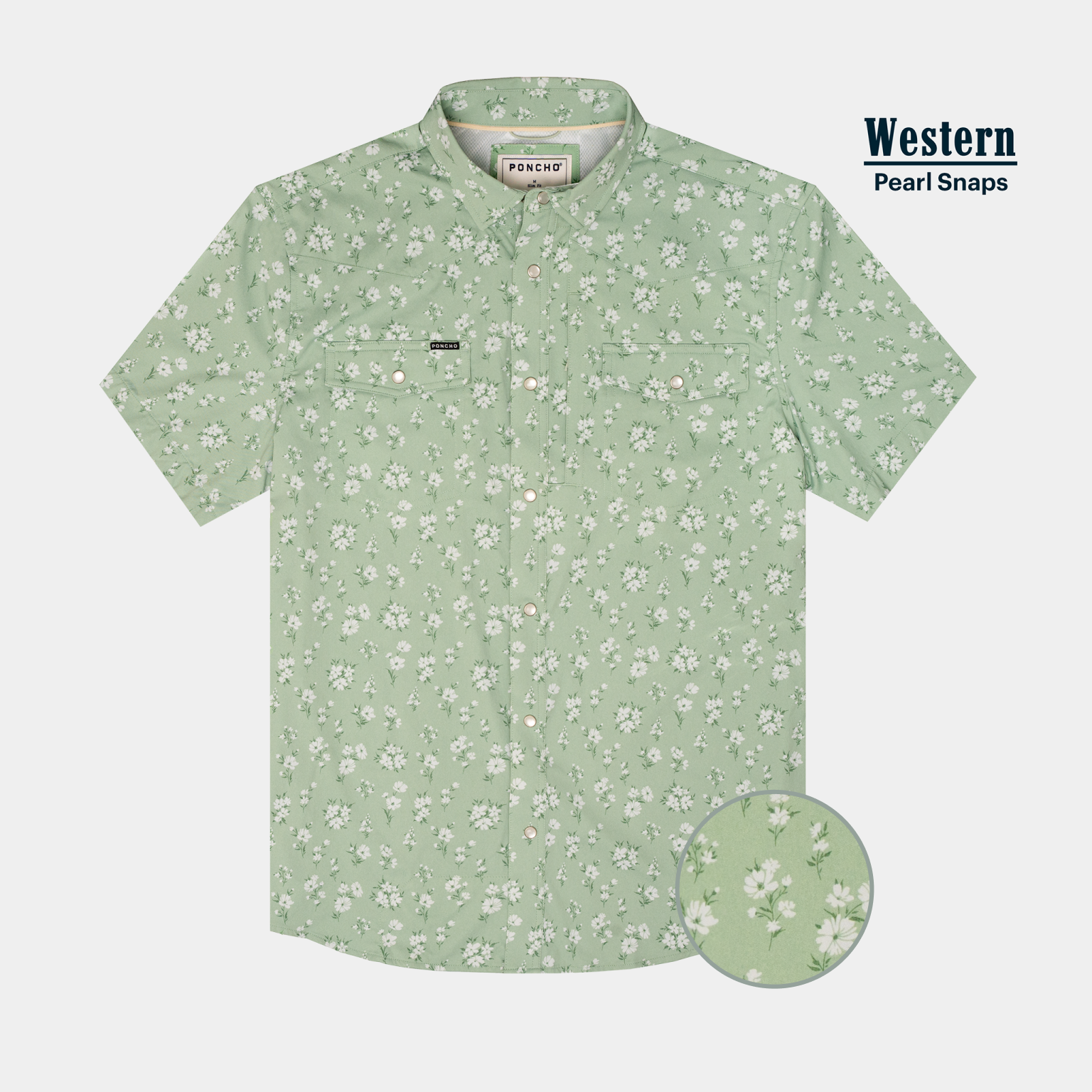 product flat lay of green floral western pearls snap short sleeve