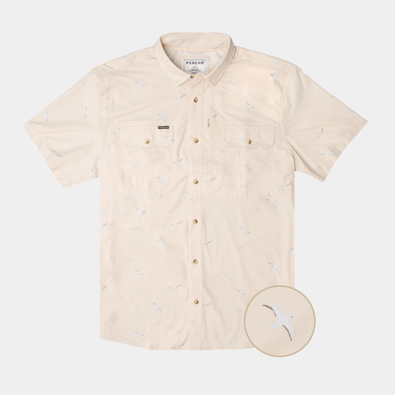 Product photo of button up short sleeve fishing shirt with seagulls on it