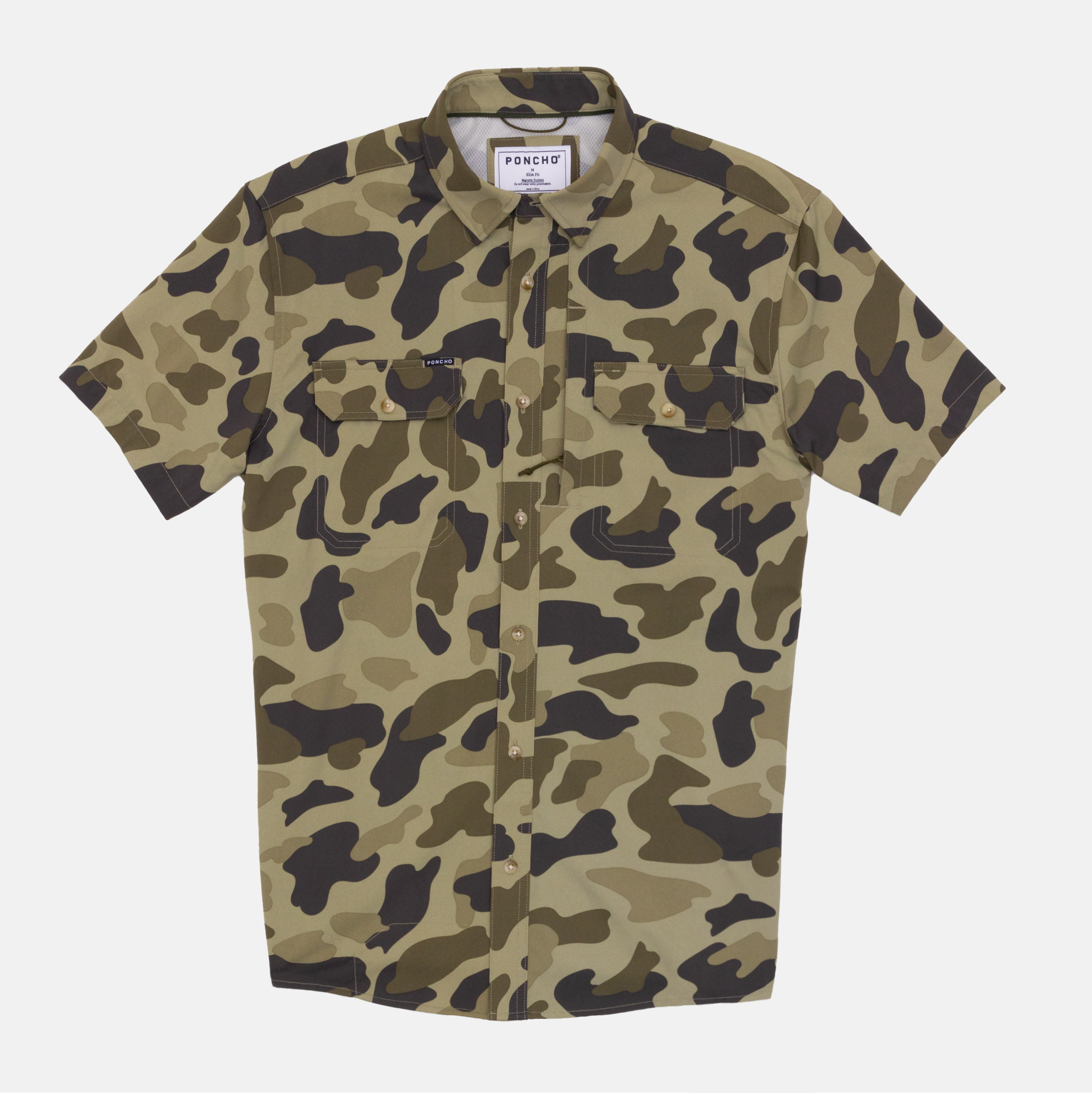 Flat lay of camo button up shirt