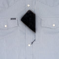 close up photo of phone chest zipper pocket on blue striped shirt