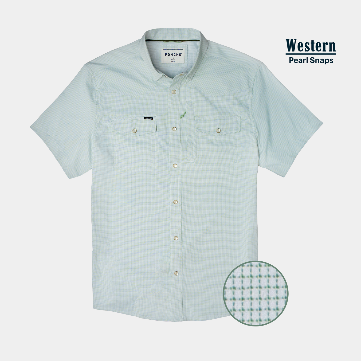 Flat lay photo of green micro grid pearl snap in short sleeve