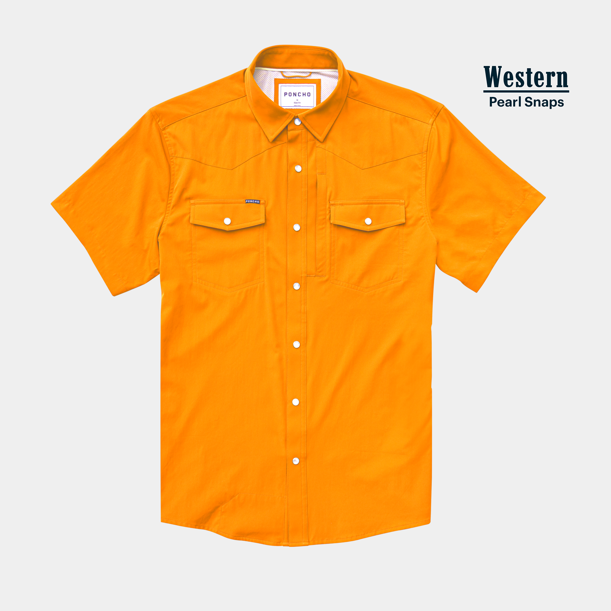 Flat lay photo of bright orange button down western shirt