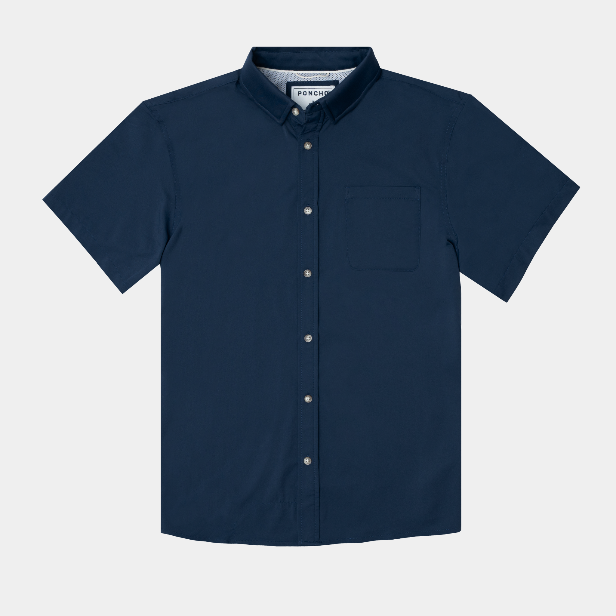 Product photo flat lay of button down shirt in solid navy short sleeve