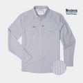 Overview photo of grey micro vertical stripe long sleeve pearl snap shirt