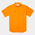 Flat lay photo of bright orange button up shirt