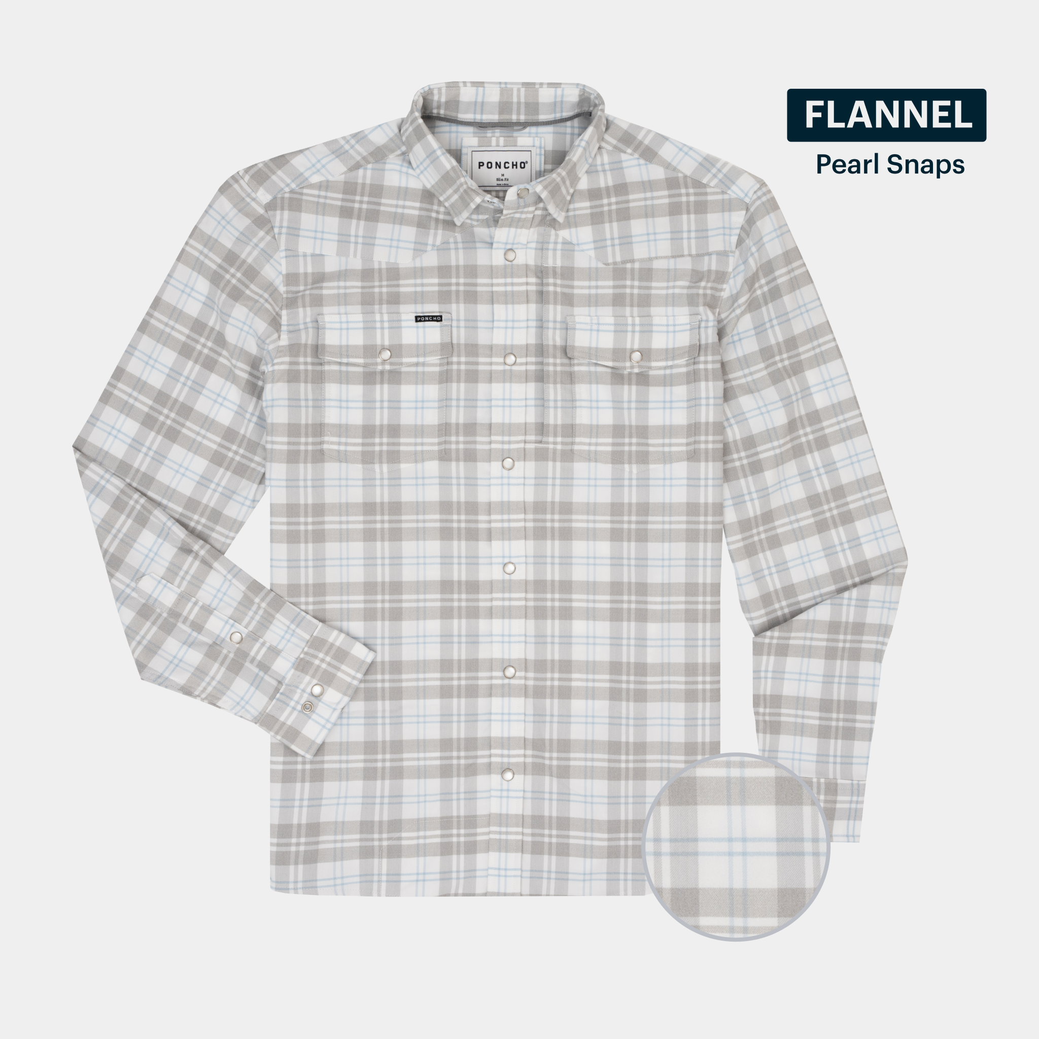 Product photo of blue and grey plaid flannel western shirt