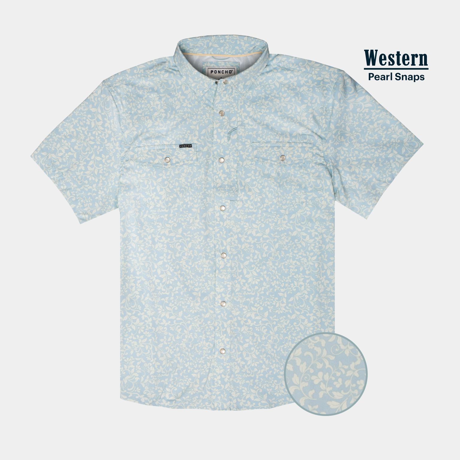 Product flat lay photo of blue paisley western shirt