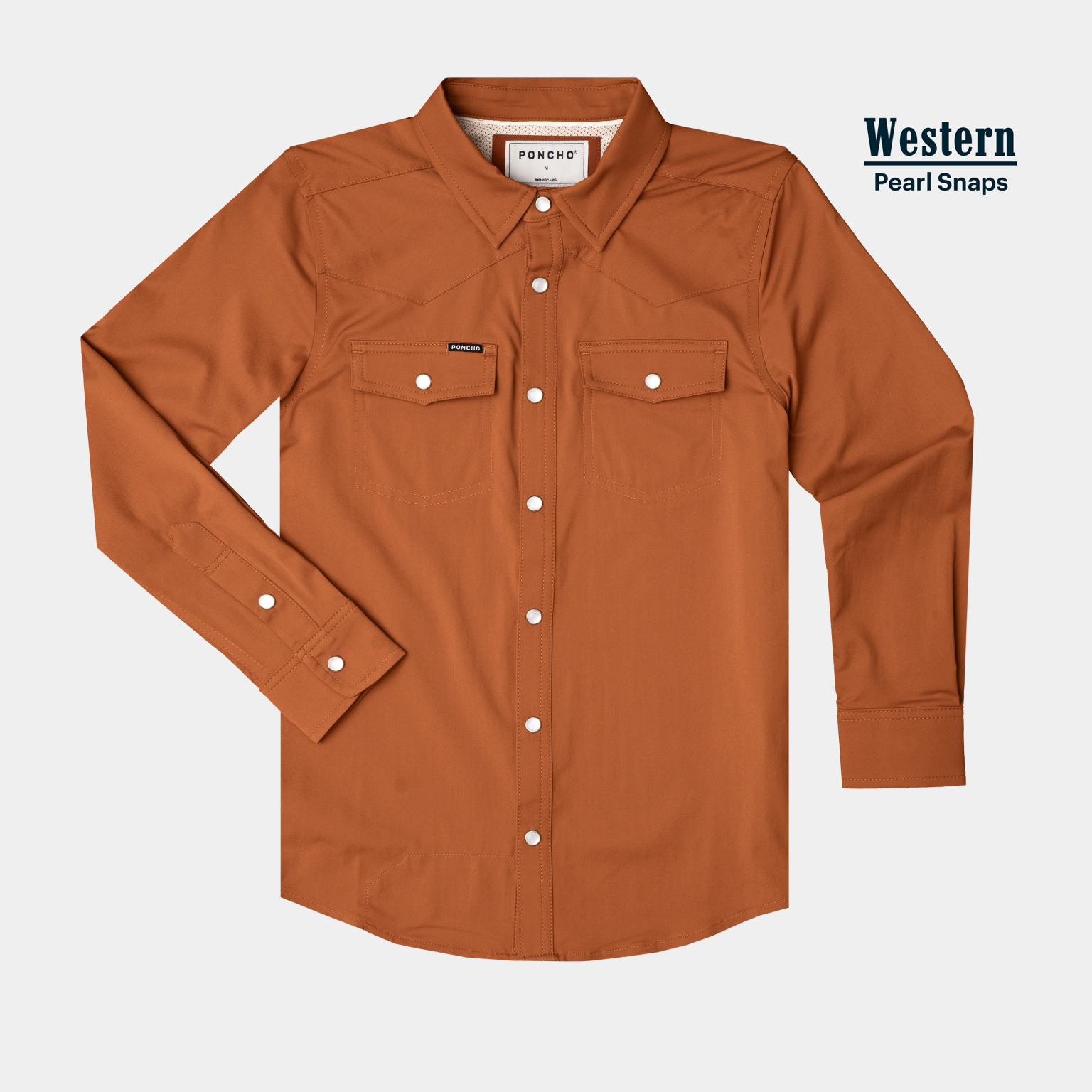 product flat lay photo of burnt orange pearl snap shirt