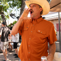 close up photo of texas longhorn button down with short sleeves