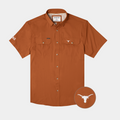 Product photo flat lay of burnt orange button down with Texas Longhorn logo