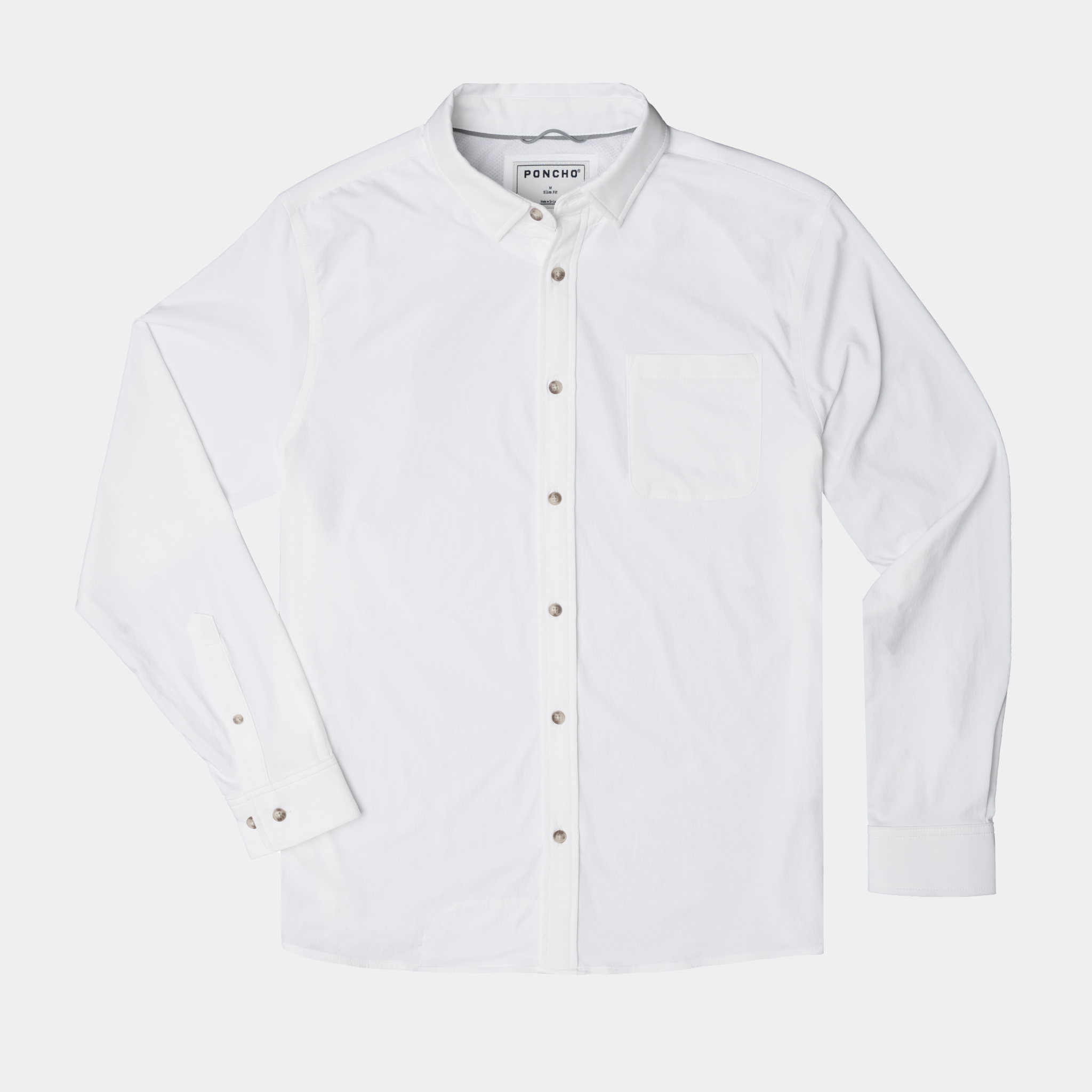 Product photo of solid white long sleeve button down with one pocket