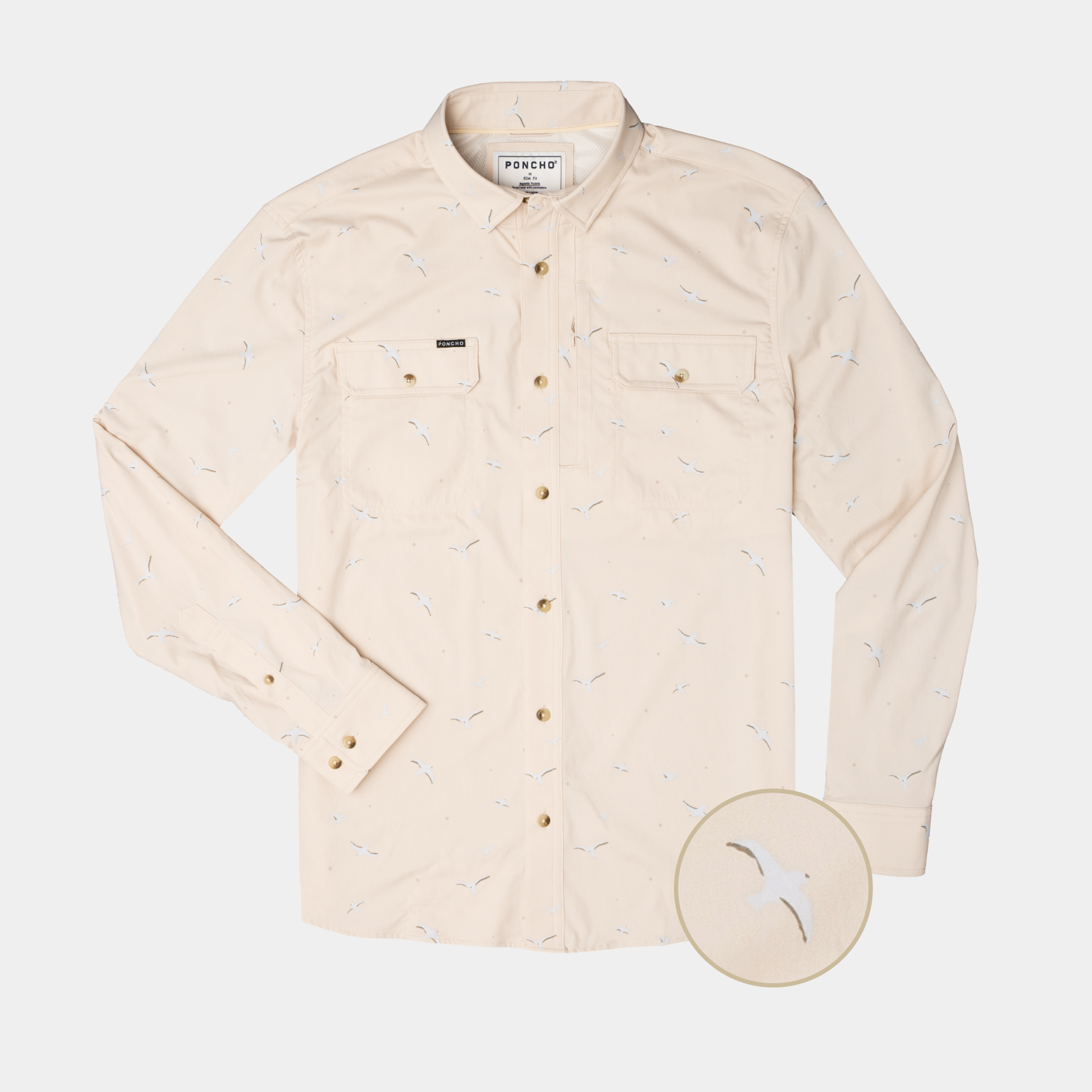 Product photo of long sleeve button up shirt with seagulls on it