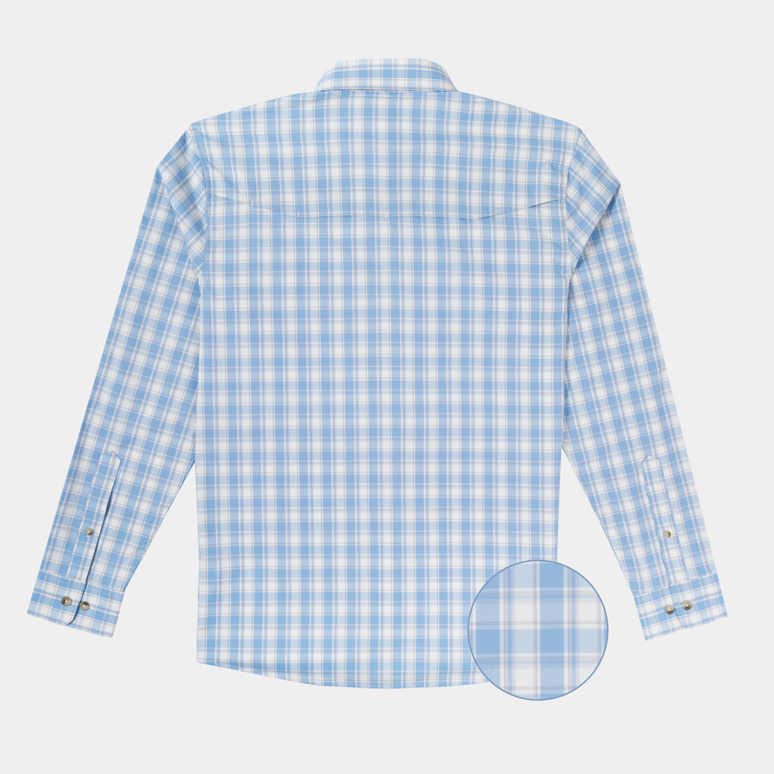 Back of blue button down plaid long sleeve