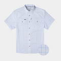 product photo flat lay of white summer blue plaid short sleeve