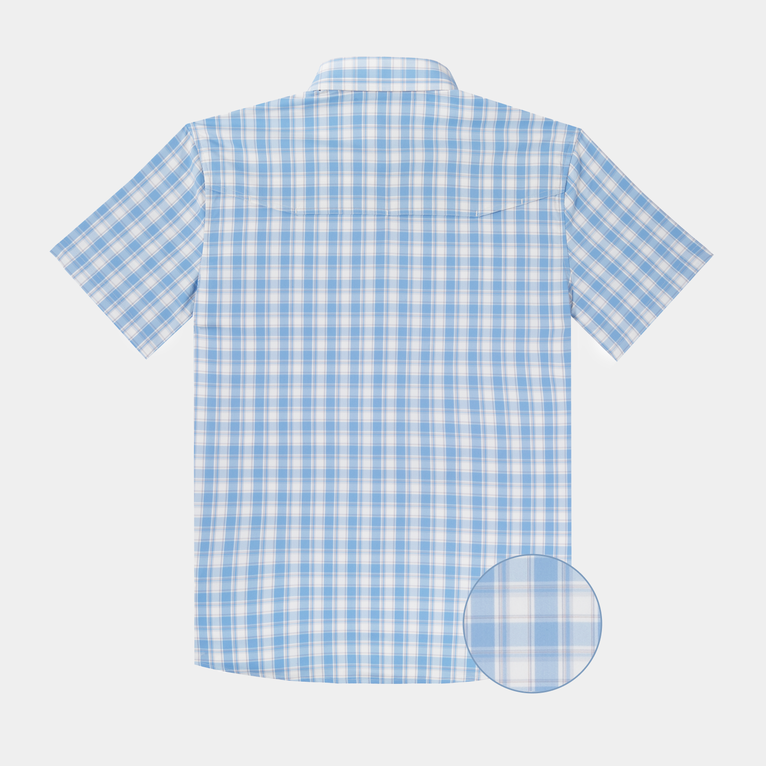 Back of blue short sleeve button down shirt