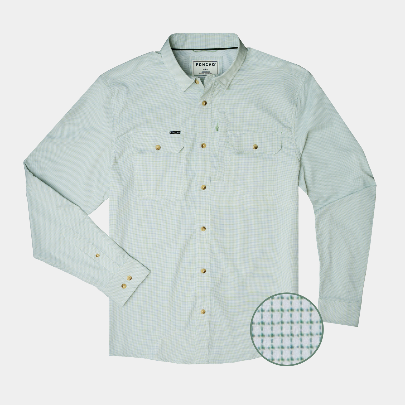 button down long sleeve micro grid green fishing shirt product flat lay photo