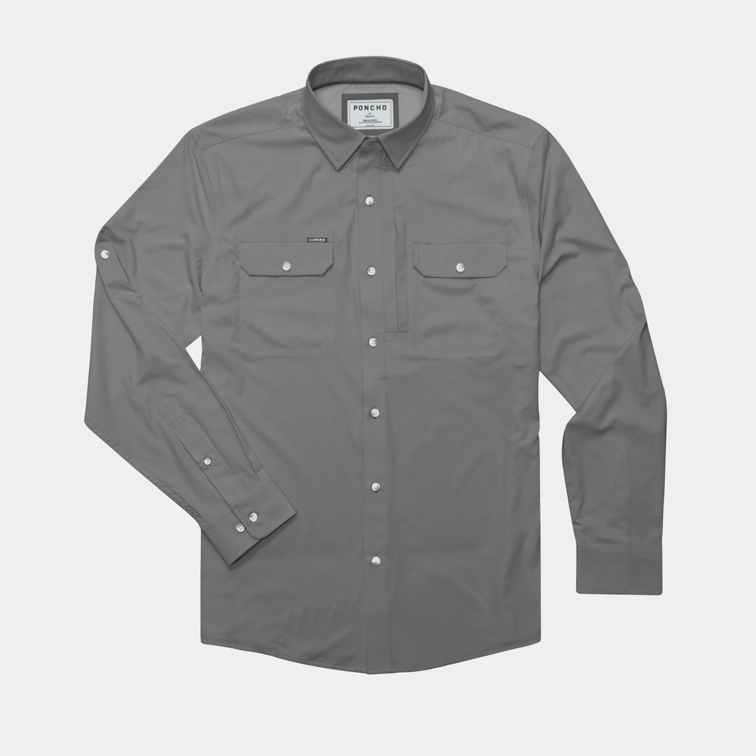 product flat lay of a dark grey button up shirt