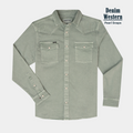 product flat lay photo of green denim shirt