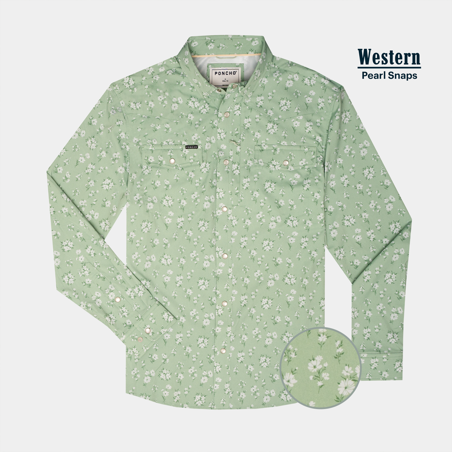 product flat lay of green floral western pearls snap long sleeve